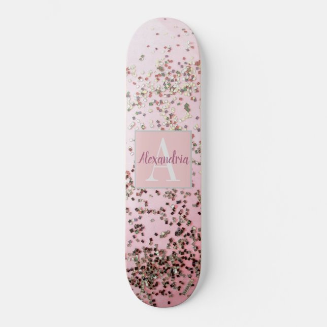 Monogram Champagne Pink Confetti Skateboard (Vorderseite)