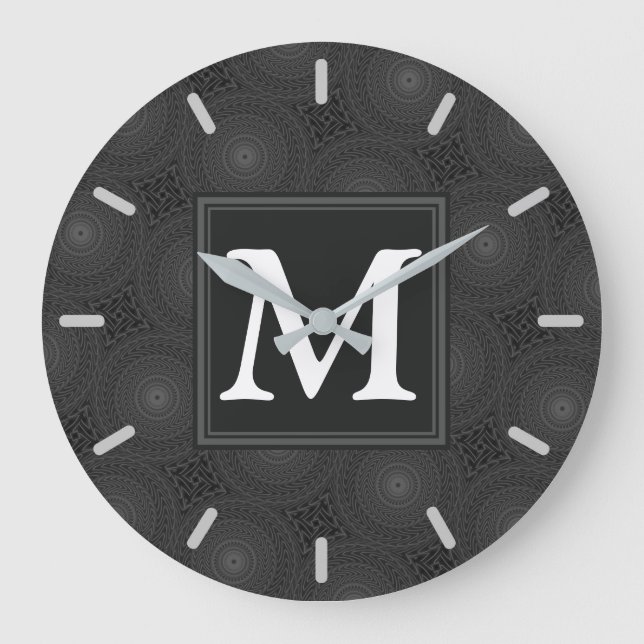 Monogram charcoal circles pattern große wanduhr (Vorderseite)