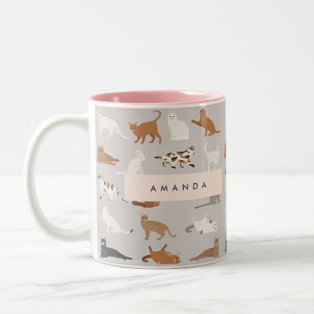 Monogram Charming Cat Pattern Cat Lovers Zweifarbige Tasse (Links)