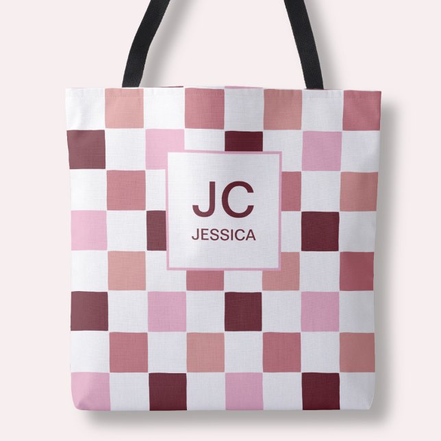 Monogram Checked Pink Red Modern Simple Initals Tasche (Monogram Checkered Pink Red Modern Simple Initals Tote Bag)