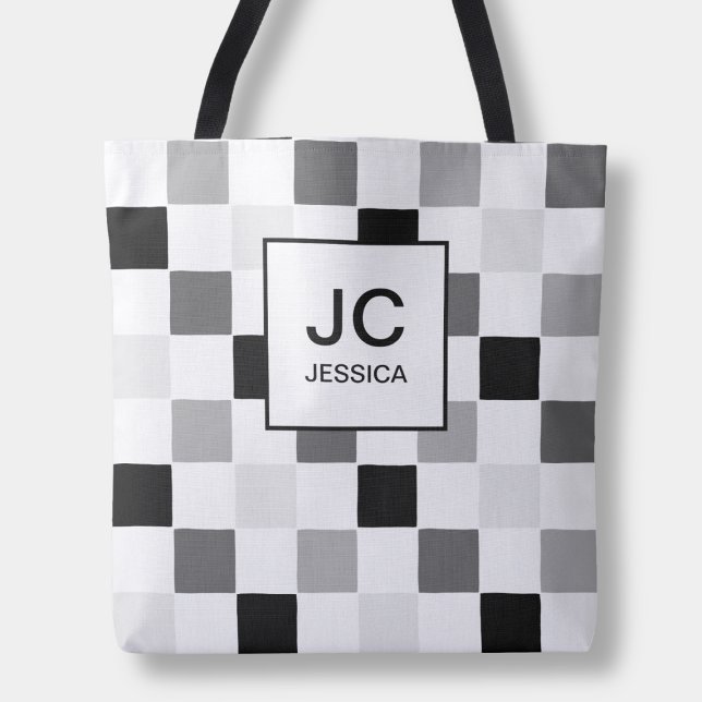 Monogram Checkered Black Gray Modern Simple Karo Tasche (Monogram Checkered Black Gray Modern Simple Check Tote Bag)