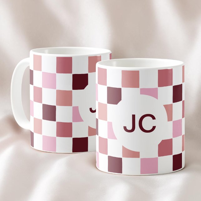 Monogram Checkered Pink Burgundy Modern Simple Kaffeetasse (Monogram Checkered Pink Burgundy Modern Simple Coffee Mug)