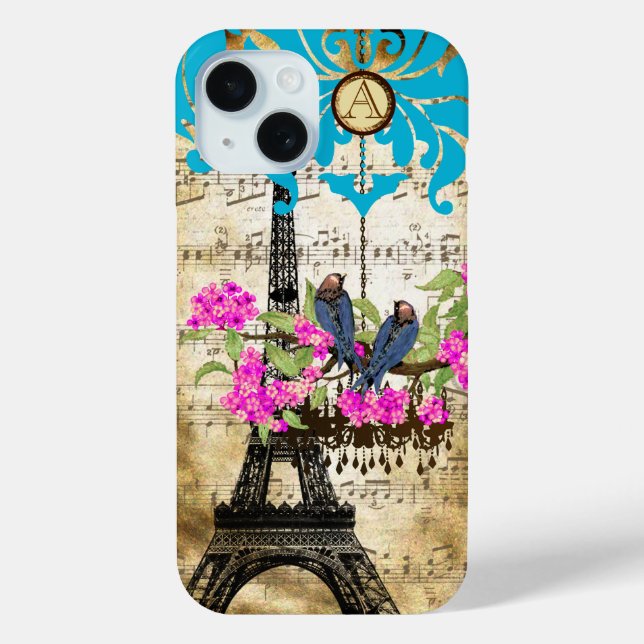 Monogram Cherry Blossom Bird Chandelier iPhone 15 Hülle (Rückseite)