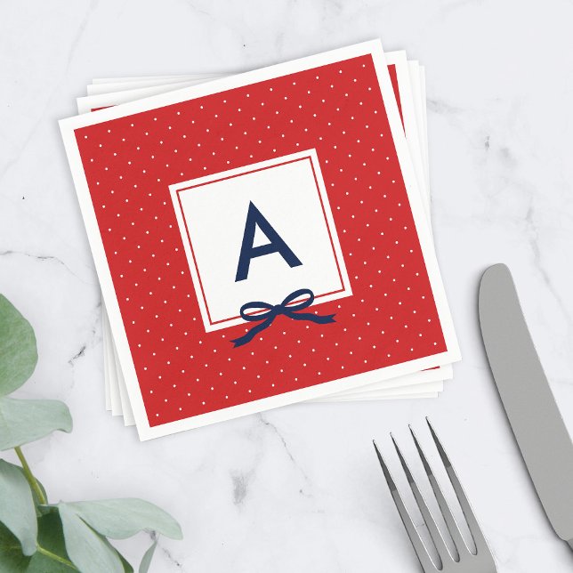 Monogram Chic Blue Ribbon Red and White Polka Dot Serviette (Von Creator hochgeladen)