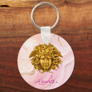 Monogram Chic French Gold Medusa Maske Rosa Marmor Schlüsselanhänger