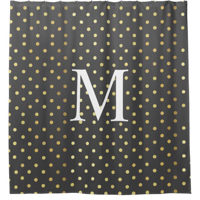Monogram Chic Imitate Foil Leaf Gold Dots Grau Duschvorhang (Vorderseite)