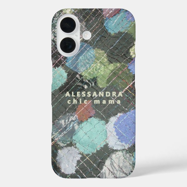 Monogram Chic Mama Abstrakt Green Blue White Dots iPhone 16 Hülle (Rückseite)