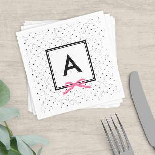 Monogram Chic Pink Ribbon Black & White Polka Dot Serviette