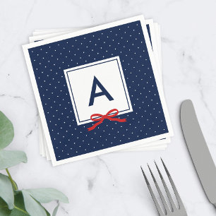 Monogram Chic Red Ribbon Blue Polka Dot Muster Serviette