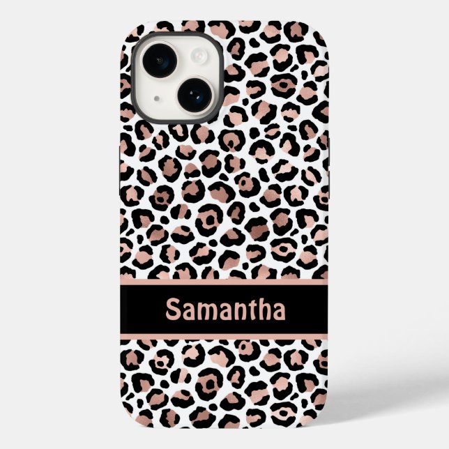 Monogram Chic Rose Gold und Black Leopard Print Case-Mate iPhone 14 Hülle (Rückseite)