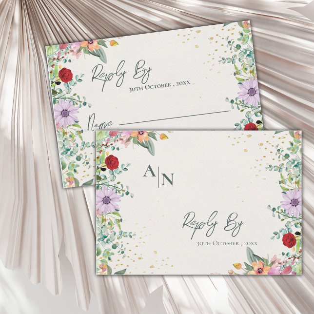 Monogram Chic Watercolor Wildblume Floral Wedding RSVP Karte (Monogram Chic Watercolor Wildflower Floral Wedding RSVP Card)