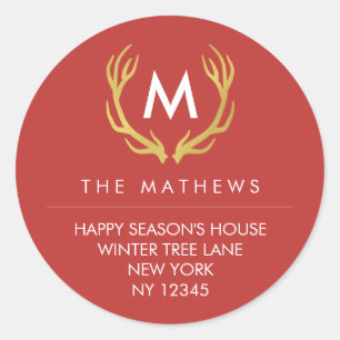 Monogram Christmas Antlers gibt Adresse-Etikett zu Runder Aufkleber