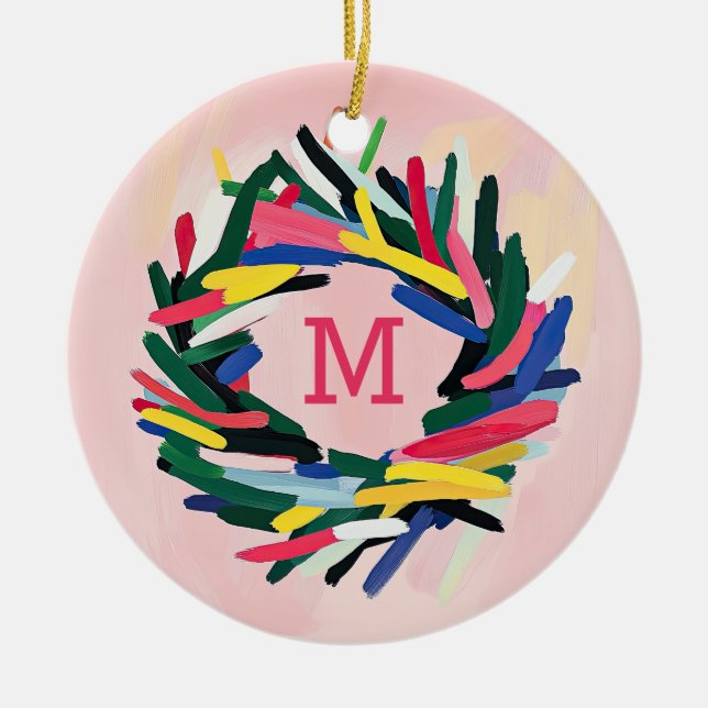 Monogram Christmas Bold farbenfroher Kraut Keramik Ornament (Vorne)