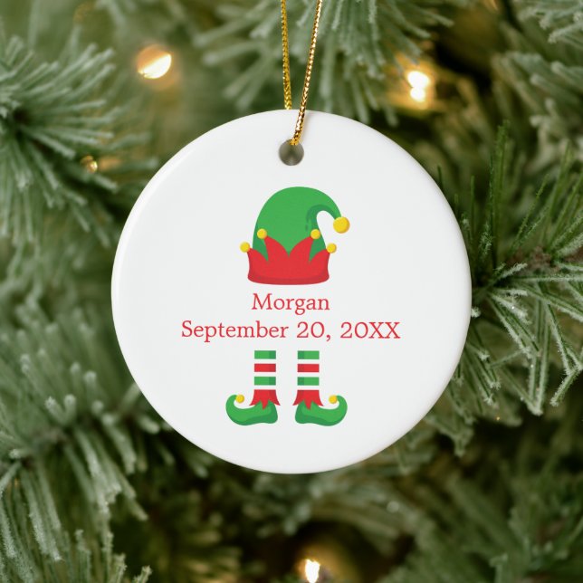 Monogram Christmas Elf Red Green Baby Gift Keramik Ornament (Baum)