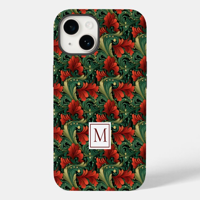 Monogram Christmas Green Art Noveau Case-Mate iPhone 14 Hülle (Rückseite)