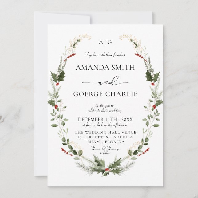 monogram Christmas greenery Winter Photo wedding Einladung (Vorderseite)