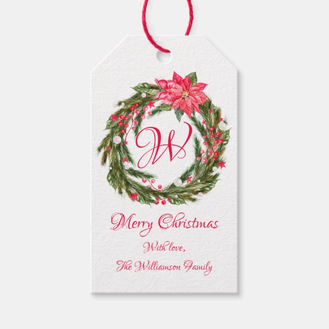 Monogram Christmas Poinsettia Wreath Geschenkanhänger (Vorderseite)