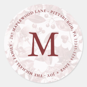 Monogram Christmas Red Botanical Patternadresse Runder Aufkleber