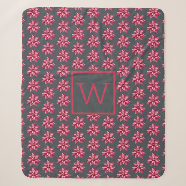 Monogram Christmas Red Poinsetta Floral Off Black Sherpadecke (Vorderseite)