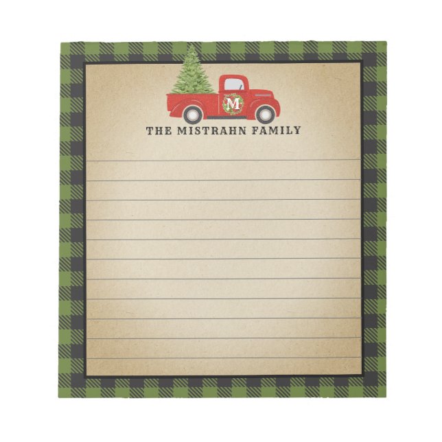 Monogram Christmas Red Truck Green Buffalo Pläd Notizblock (Vorderseite)