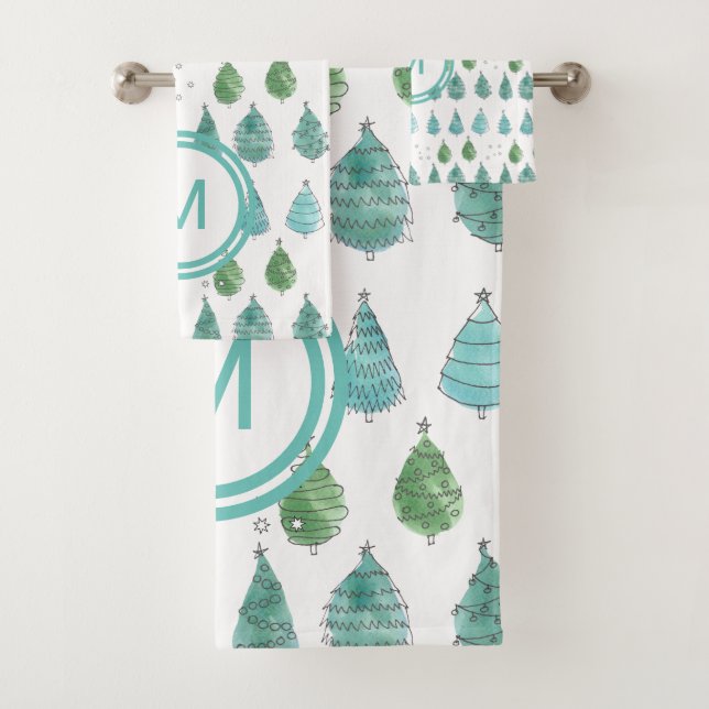 Monogram Christmas Trees Aquamarin Badhandtuch Set (Insitu)