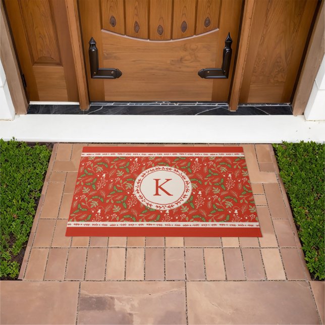 Monogram Christmas Woodlands Red Fußmatte (Außenbereich)