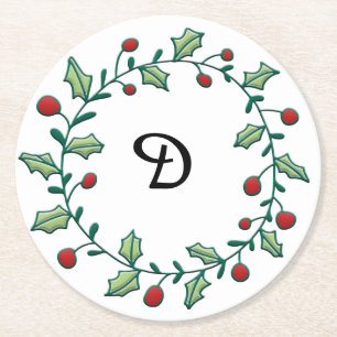 Monogram Christmas Wreath Runder Pappuntersetzer