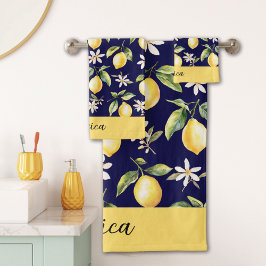 Monogram Citrus Lemon Fruit White Blume Botanisch Badhandtuch Set