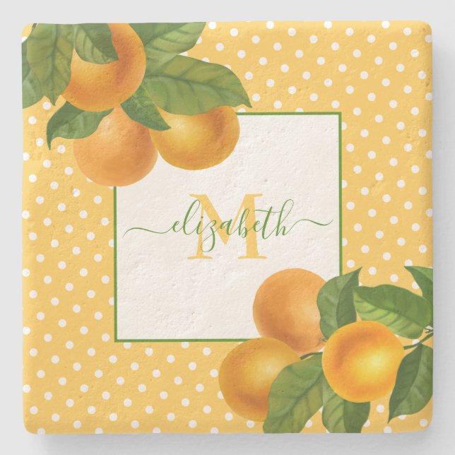 Monogram Citrus oranges Aquarelltöne rustikal Steinuntersetzer (Vorderseite)