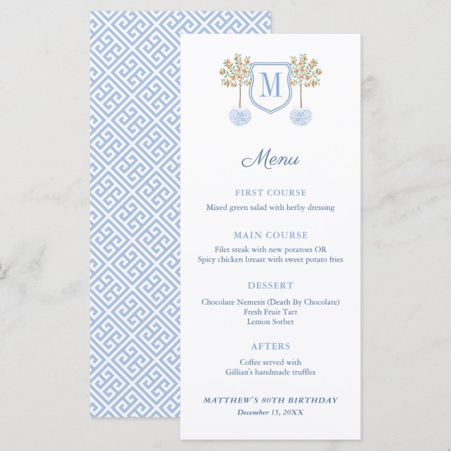 Monogram Citrus Tree Formal Baptisluncheon Menükarte (Vorne/Hinten)