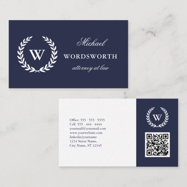 Monogram Classic Beruflich Blue White QR Code Visitenkarte (Vorne/Hinten)
