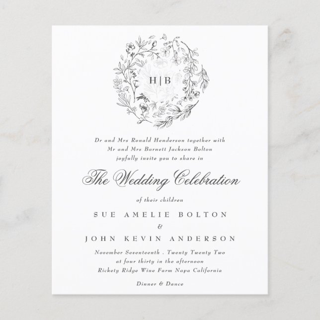 Monogram Classic Botanical Florals Budget Hochzeit Flyer (Vorne)