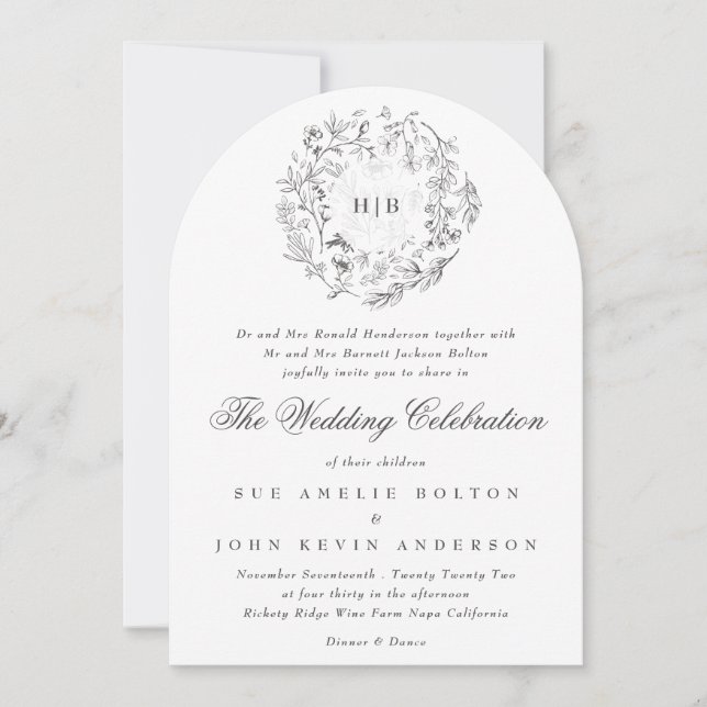 Monogram Classic Botanical Florals Wedding Arch Einladung (Vorderseite)