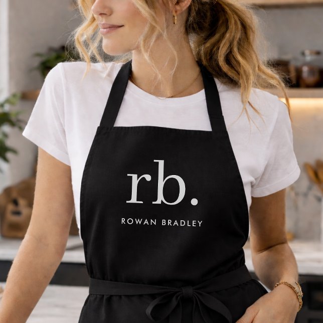Monogram Classic Elegant Minimal Schwarz und Weiß Schürze (Sleek black modern monogram custom unisex apron for business or personal use.)