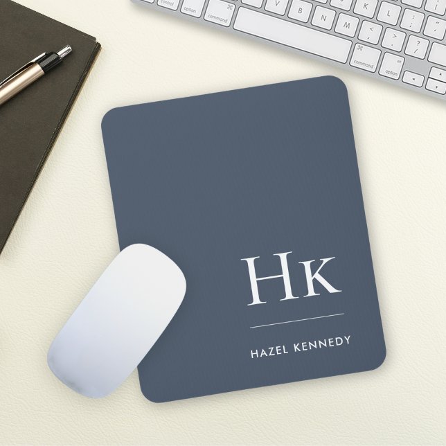 Monogram Classic Elegant Navy Blue White Initials Mousepad (Von Creator hochgeladen)