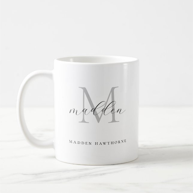Monogram Classic Elegant Schwarz-weißer Skriptname Kaffeetasse (Links)