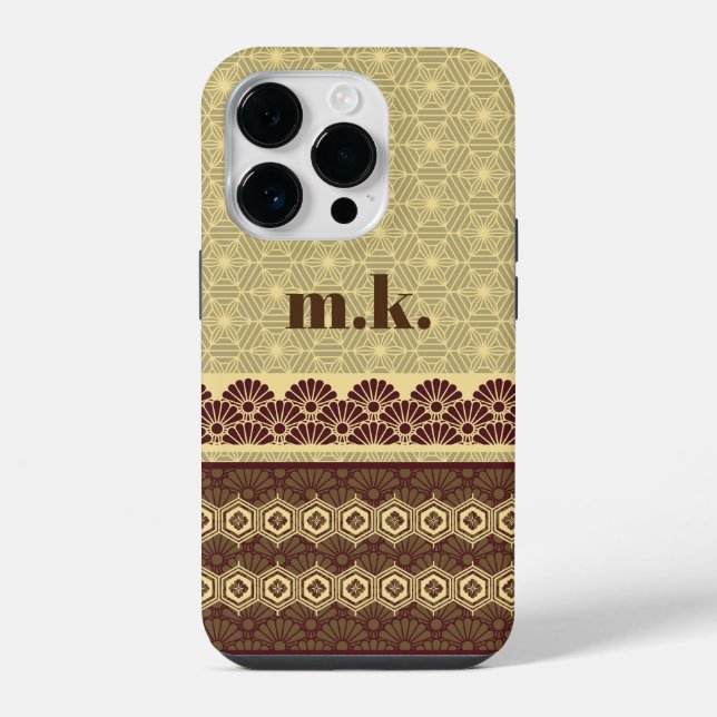 Monogram Classic Gold Blume Muster iPhone 14 Pro Hülle (Rückseite)