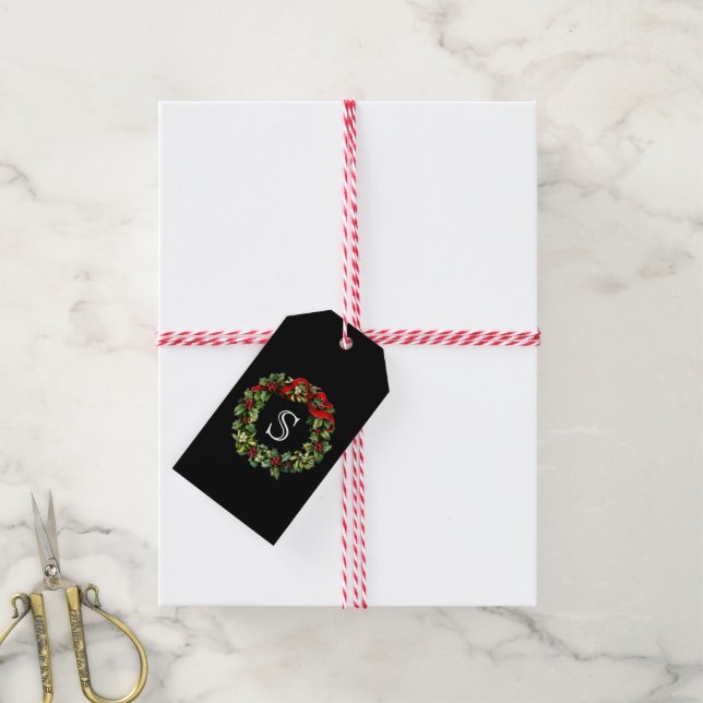 Monogram Classic Holly Wreath Custom Christmas Geschenkanhänger (Mit Garn)