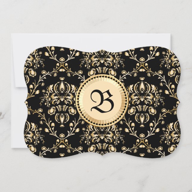 Monogram Classy Elegante Gold Damask Mittelalterli Einladung (Vorderseite)