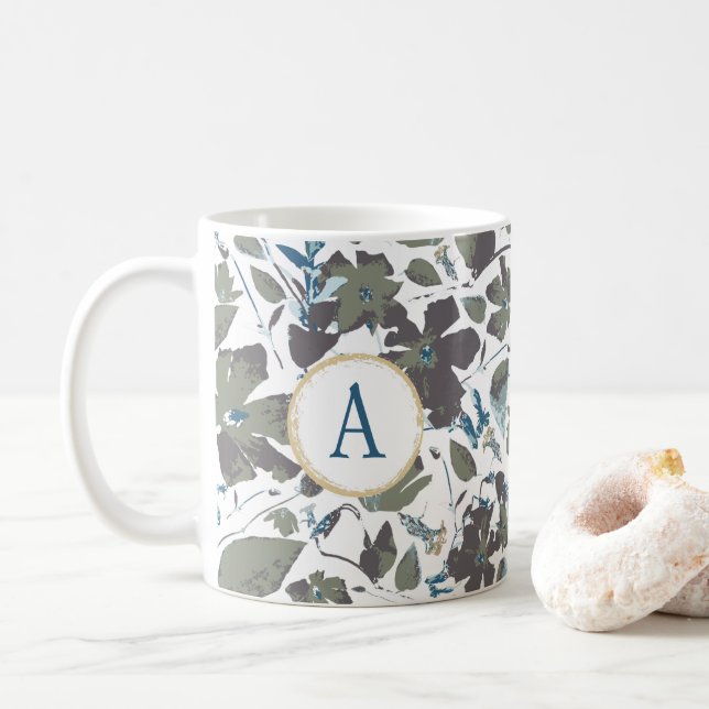 Monogram Clematis Vine Elegant Green Blue Floral Kaffeetasse (Mit Donut)