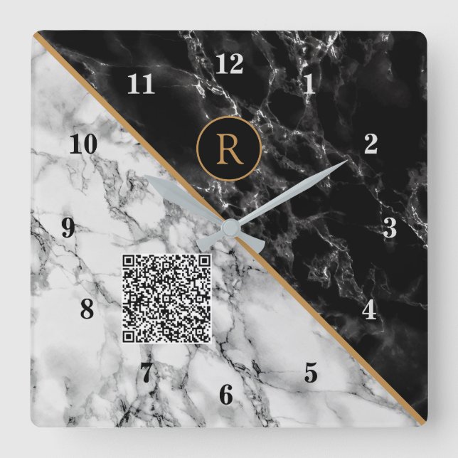 Monogram Clock Your QR Code - Black White Marble Quadratische Wanduhr (Vorderseite)