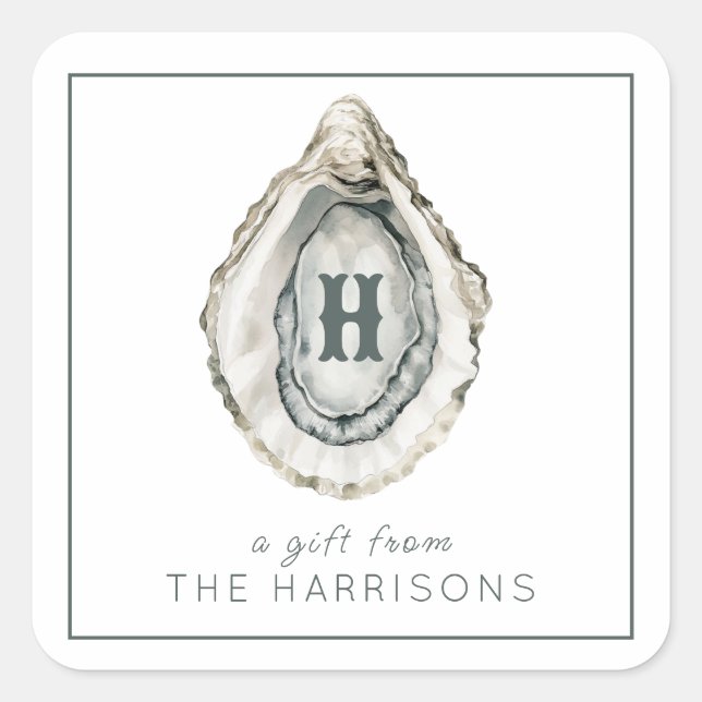 Monogram Coastal Oyster Quadratischer Aufkleber (Vorderseite)