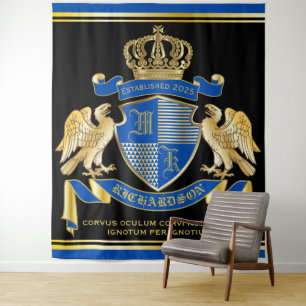 Monogram Coat of Arms Blue Gold Eagle Crown Emblem Wandteppich