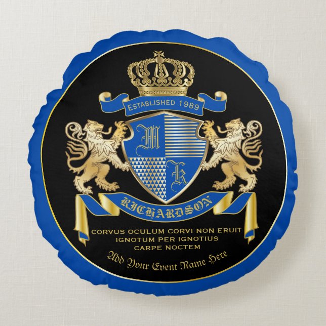 Monogram Coat of Arms Blue Gold Lion Crown Emblem Rundes Kissen (Vorderseite)