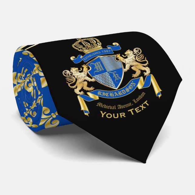 Monogram Coat of Arms Blue Gold Lion Lilie Krawatte (Gerollt)