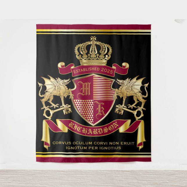 Monogram Coat of Arms Red Gold Dragon Crown Emblem Wandteppich (Vorderseite)
