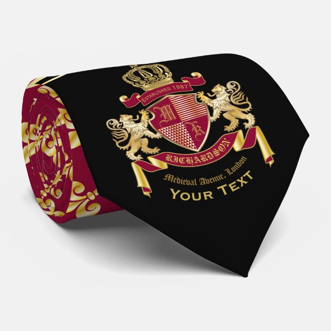 Monogram Coat of Arms Red Gold Lion Lilie Krawatte (Gerollt)