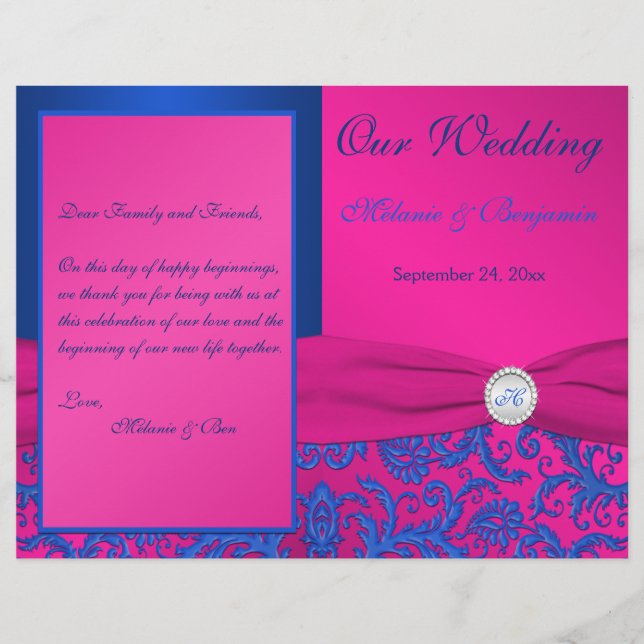 Monogram Cobalt and Fuchsia Damask Wedding Program (Vorderseite)
