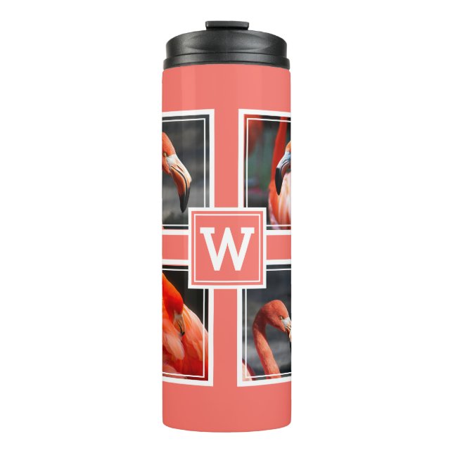 Monogram Collage Fügen Sie Ihr eigenes Foto Coral  Thermosbecher (Vorderseite)