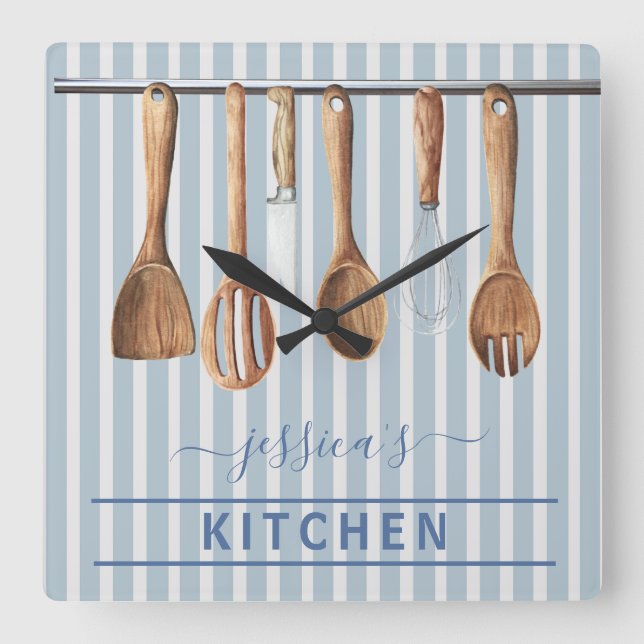 Monogram Cook Kitchen Watercolor Utensid Quadratische Wanduhr (Vorderseite)